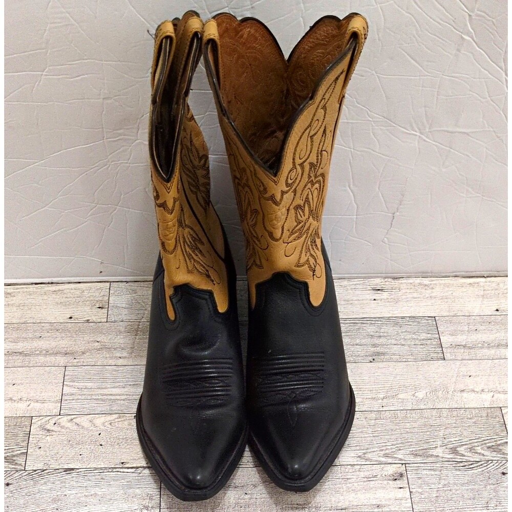 Ariat Women's Black Tan Leather Western Cowboy Boots Pull-On Pointed Toe 7 B